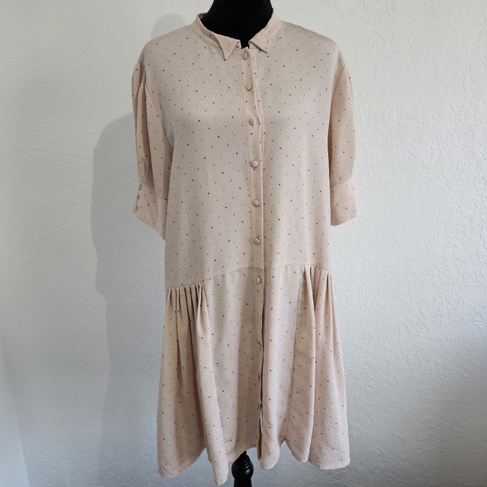 Deborah Lyons Size 14 Anita Polka Dot Drop Waist Dress Pink Full Button Modest